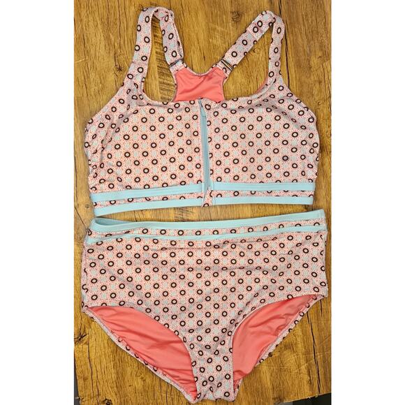 Lands End 2 piece high waisted Aqua Pink pattern swim sz 14 swimsuit - Picture 1 of 11